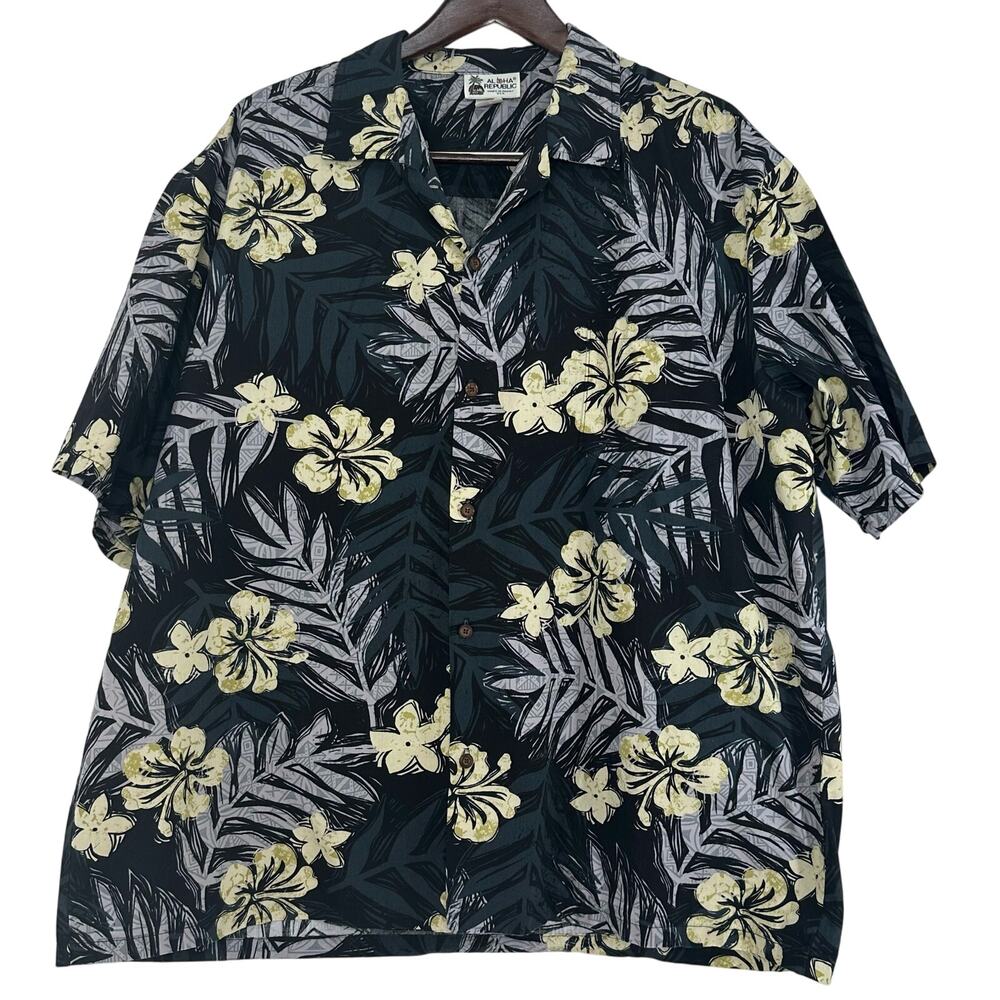Aloha Republic Hawaiian Shirt Button Up Mens 2XL Black Gray Creme Tropical Beach